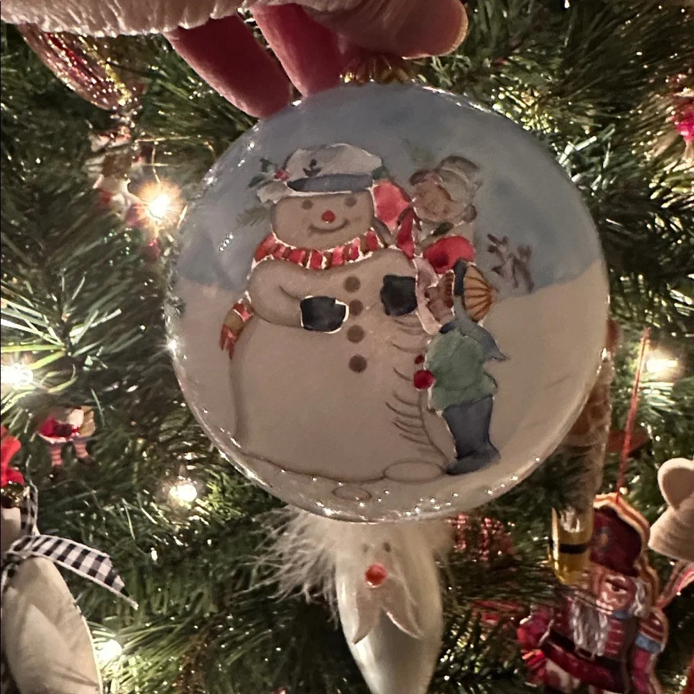 Li Bien Eglomise Ornament 1999 Children Snowman Sled Inside Hand Painted - Picture 4 of 16